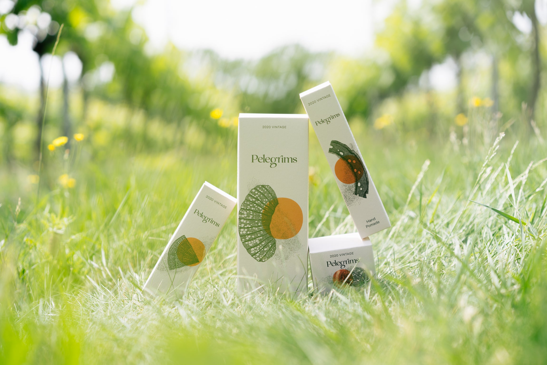 Pelegrims products, shot here in a sunny field, available in themed edits by The Beauty Standard